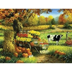 550 Piece Puzzle Roadside‎ Self Service Flower Vegetable Stand Pumpkins Cow Fall